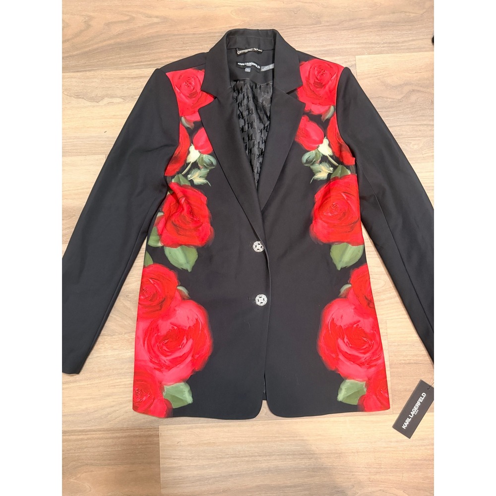 Karl Lagerfeld Paris Women Black Red Rose Floral Blazer Jacket L5IC9189 Size 4